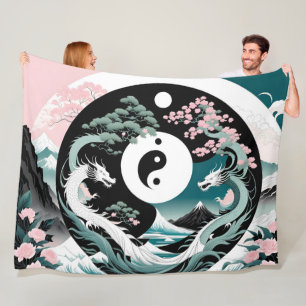 Couverture Polaire Dragons roses et Turquoises Paysage asiatique yin