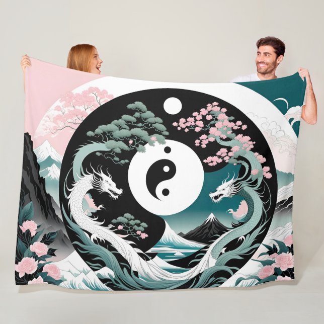 Couverture Polaire Dragons roses et Turquoises Paysage asiatique yin  (En situation)