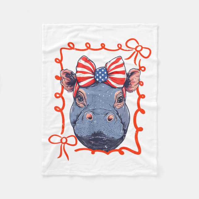 Couverture Polaire Drapeau américain à nœud coquette drôle hippopotam (Devant)