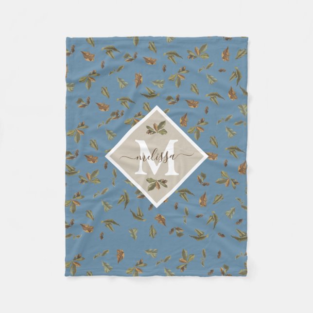 Couverture Polaire Dusty Blue Rustic Feuilles Brown Monogramme (Devant)