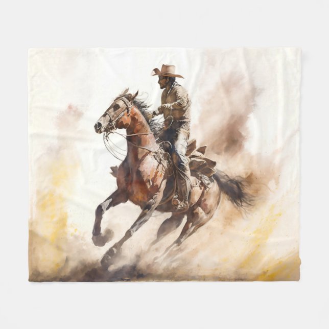 Couverture Polaire Dusty Western Watercolor Cowboy Riding Mustang (Devant (Horizontal))