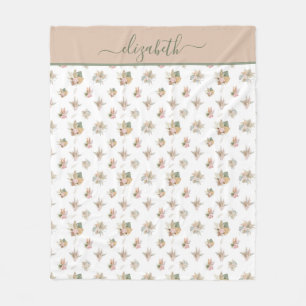 Couverture Polaire Écriture Monogramme Boho Herbe de Pampas Rose Beig