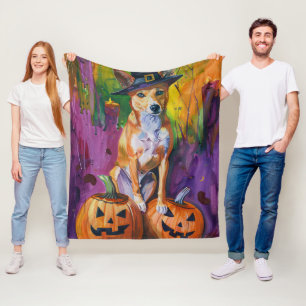 Couverture Polaire Éffrayant Basenji Halloween sorcière et Citrouille