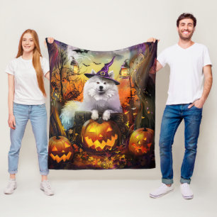 Couverture Polaire Éffrayant Samoyed Chien Halloween sorcière et Citr