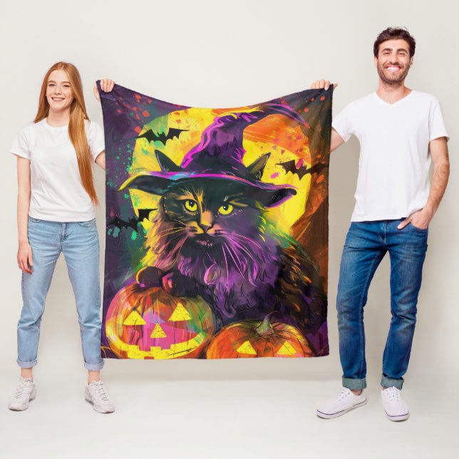 Couverture Polaire Éffrayant Turc Angora Chat Halloween Citrouille so (En situation)