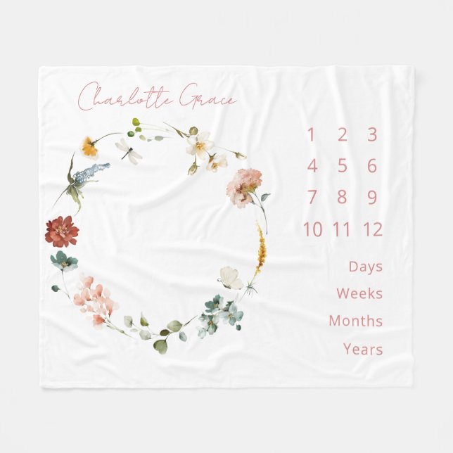 Couverture Polaire Élégant bébé Jalon rose Aquarelle Floral (Devant (Horizontal))