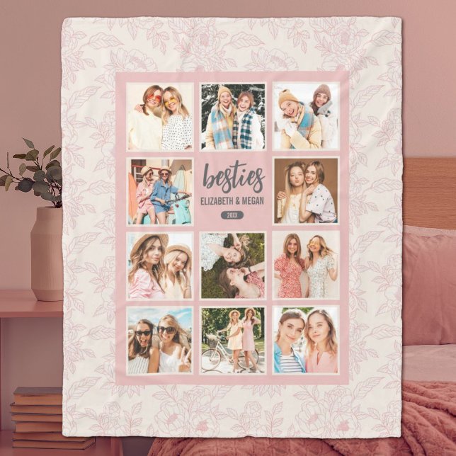 Couverture Polaire Élégant Besties BFF Pink Photo Collage avec des no (A pretty, pink feminine best friend photo collage blanket. A perfect gift for a birthday.)