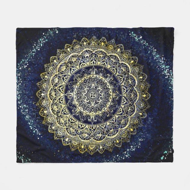 Couverture Polaire Elégant bleu et or Mandala Art Boho Beach (Devant (Horizontal))
