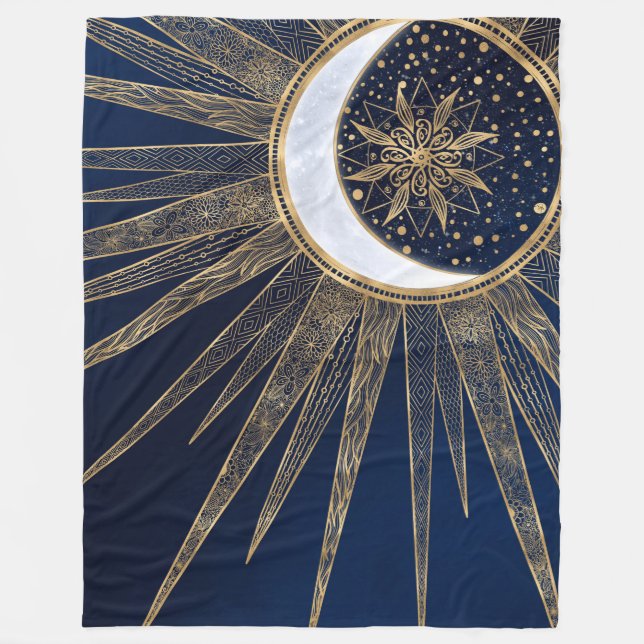 Couverture Polaire Elégant Blue Gold Sun Moon Mandala (Devant)