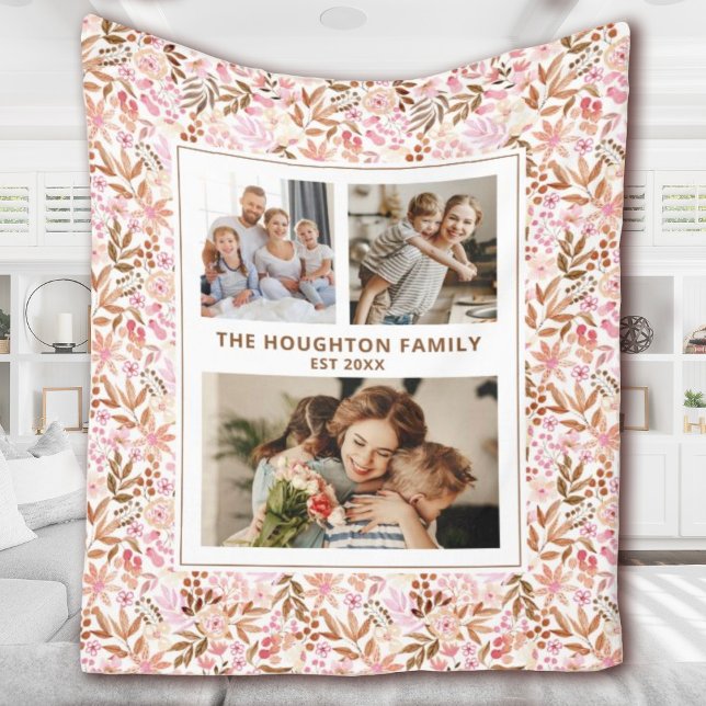 Couverture Polaire Elegant Botanical Floral Family Photo Collage (A pretty floral family photo blanket. Personalize it with 3 photos & your name and established date.)