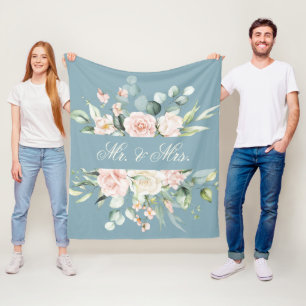 Couverture Polaire Élégant floral rose bleu aquarelle M. & Mme.