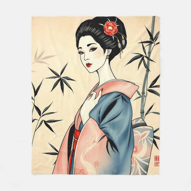 Couverture Polaire Elegant Geisha avec bambou et Motifs d'encre (Devant)