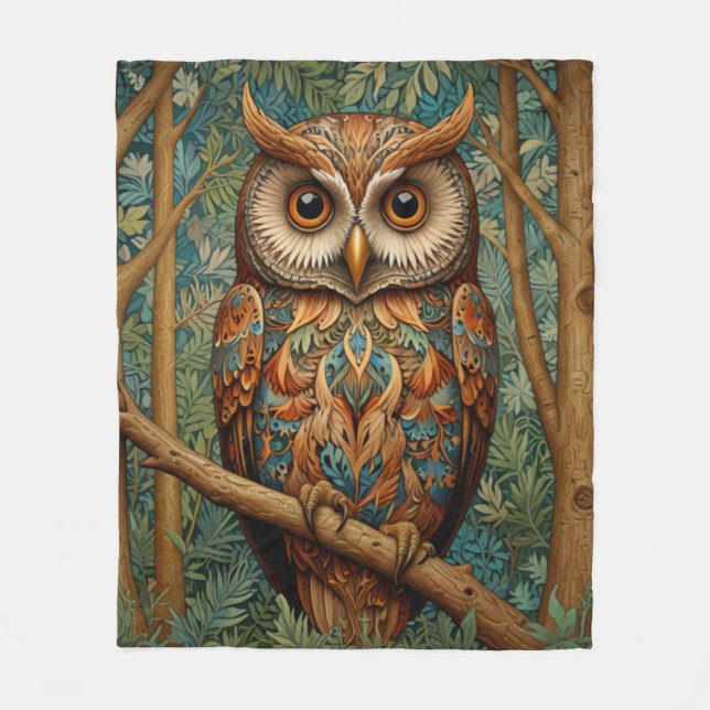 Couverture Polaire Élégant hibou rétro boho bohème bohème forêt verte (Devant)