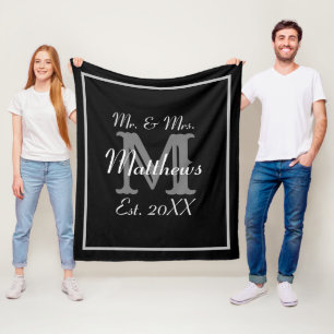 Couverture Polaire Élégant M. et Mme Nom Mariage noir et blanc