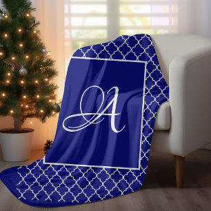 Couverture Polaire Elégant Marocain damassé marine Monogramme bleu