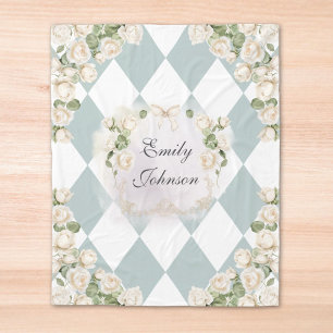Couverture Polaire Élégant Monogramme Roses Blanches Feuilles Vertes