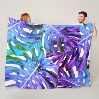 Couverture Polaire Élégant Motif de feuilles tropicales violettes ros
