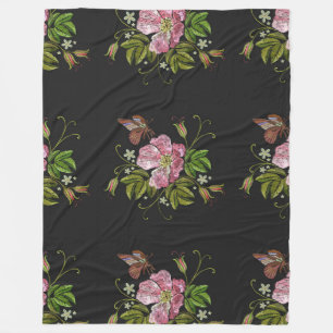 Couverture Polaire Élégant Motif floral broderie Arrière - plan noir