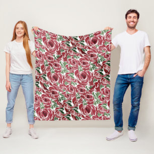 Couverture Polaire Elégant Motif Rose Vintage - Rouge & Vert Floral