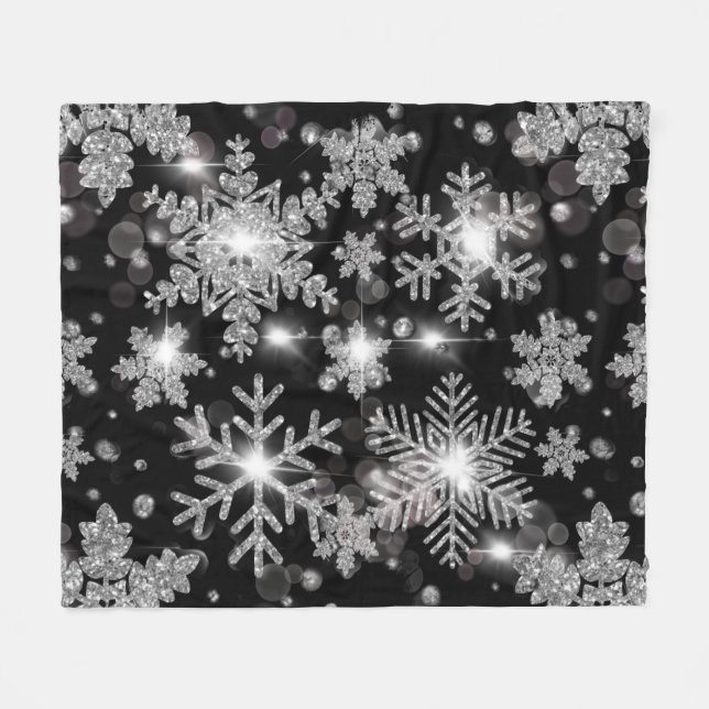 Couverture Polaire Élégant Noël noir blanc argent flocons de neige (Devant (Horizontal))