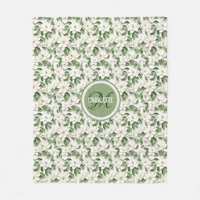 Couverture Polaire Élégant nom de monogramme magnolia blanc (Devant)