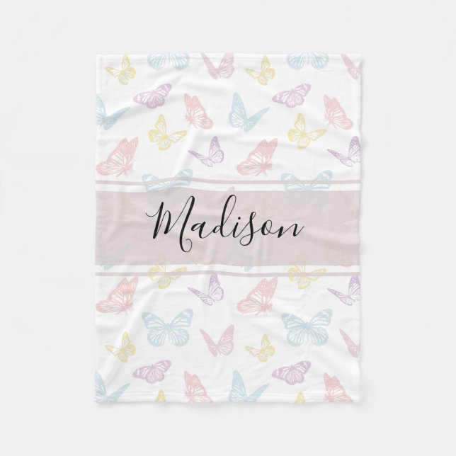 Couverture Polaire Élégant Pastel Blanc Papillon Motif Nom des enfant (Devant)
