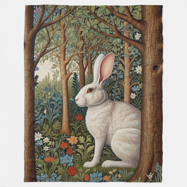 Couverture Polaire Elégant retro boho blanc lapin boisé fleurs (Devant)