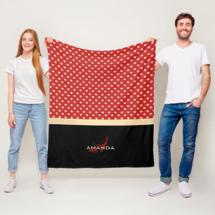Couverture Polaire Élégant rouge et noir, Golden Hearts Nom Monogra