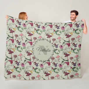 Couverture Polaire Elégant Sage Green Flowers & Hummingbird Monogramm
