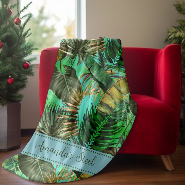 Couverture Polaire Élégant vert tropical feuille jaune bleu (Créateur téléchargé)