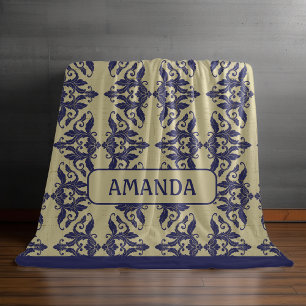 Couverture Polaire Elégant vintage damassé marine bleu jaune monogram