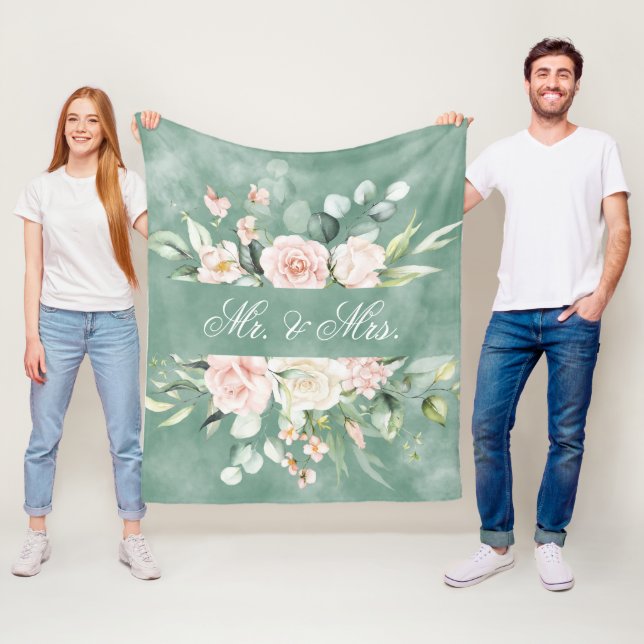 Couverture Polaire Elégante aquarelle verte florale M. & Mme Mariage (En situation)
