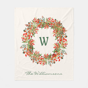 Couverture Polaire Elégante aquarelle verte Wreath Monogramme personn