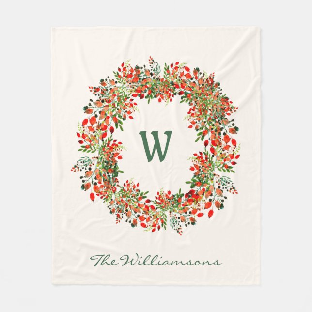 Couverture Polaire Elégante aquarelle verte Wreath Monogramme personn (Devant)