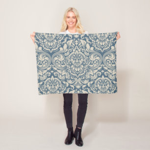 Couverture Polaire Elégante Brocade baroque bleu Damas sur blanc