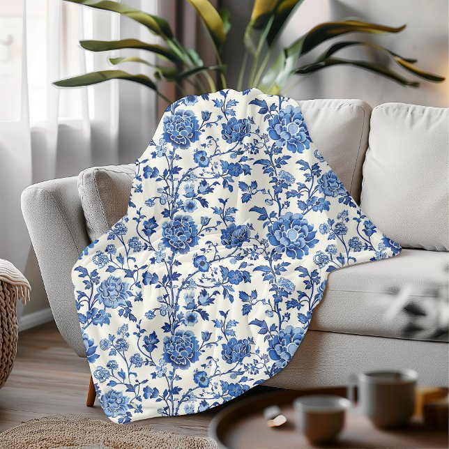 Couverture Polaire Élégante Chinoiserie florale bleue et blanche (Créateur téléchargé)