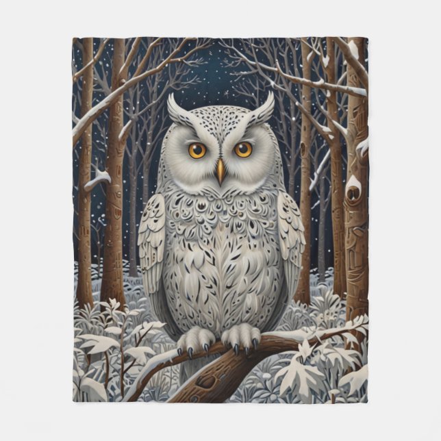 Couverture Polaire Élégante forêt d'hiver de chouette blanche boho (Devant)