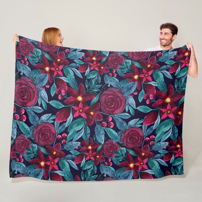 Couverture Polaire Elégante marine Bourgogne Noël Floral Aquarelle (En situation)