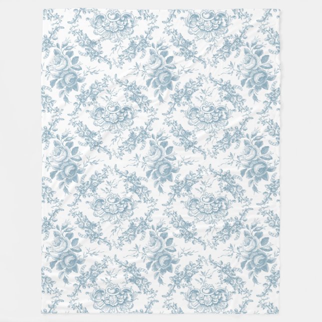 Couverture Polaire Elégante toile florale blanche et bleue gravée (Devant)