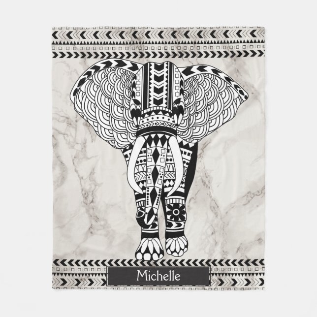 Couverture Polaire Eléphant à motif tribal en marbre blanc et taupe (Devant)