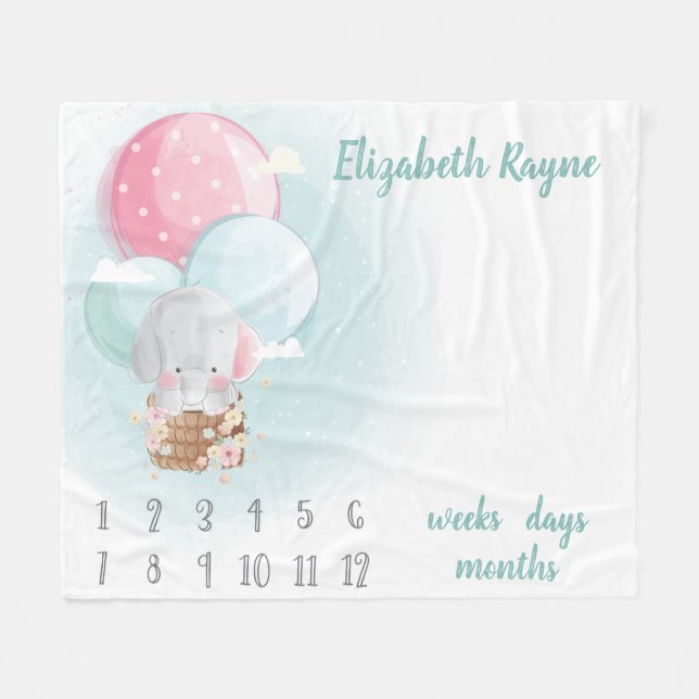 Couverture Polaire Eléphant Ballons Genre Neutre Baby Milestone (Devant (Horizontal))