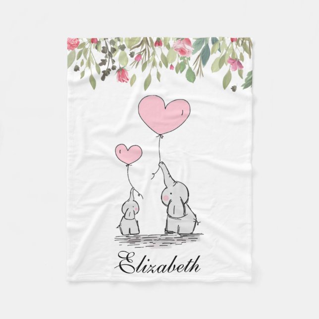 Couverture Polaire Éléphant Floral Fleurs Roses Mère Bébé (Devant)