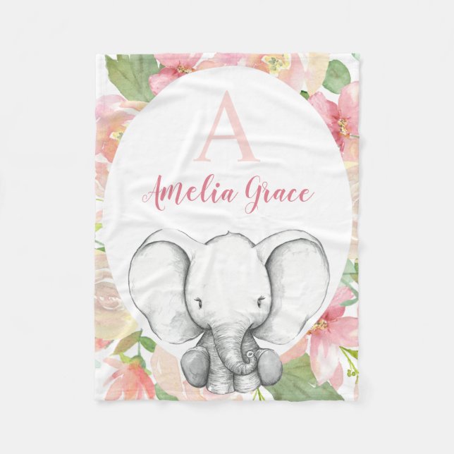 Couverture Polaire Eléphant floral rose roux Personnalisé (Devant)