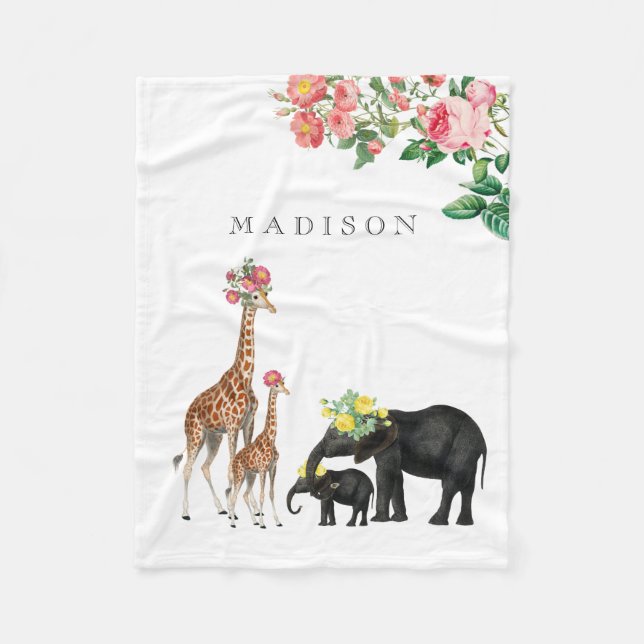 Couverture Polaire Eléphant mignon & Giraffe Floral Personnalisé Nom  (Devant)