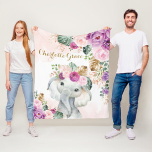 Couverture Polaire Eléphant tropical doux de Boho Blush Floral viole