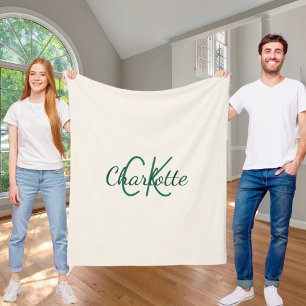 Couverture Polaire Emeraude ivoire monogramme