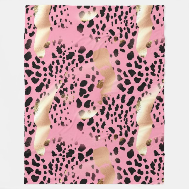 Couverture Polaire Empreinte de léopard noir glam or rose (Devant)