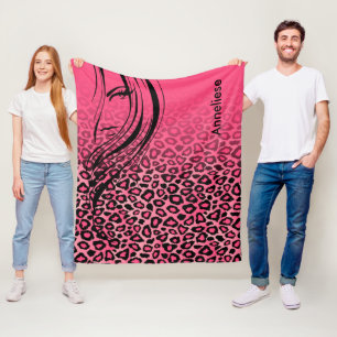 Couverture Polaire Empreinte de léopard rose et noir avec fille Silho