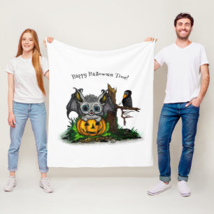 Couverture Polaire En attente d'Halloween, Bat mignonne et Corbeau