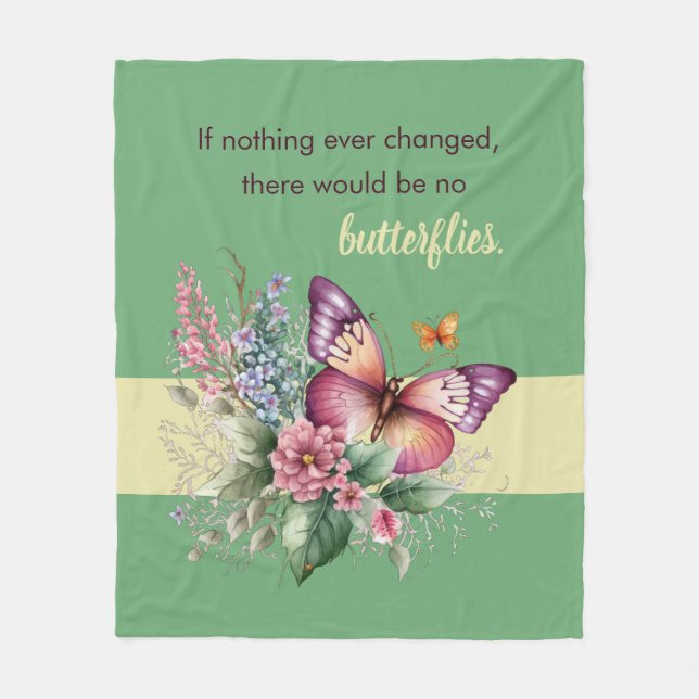 Couverture Polaire Encouragement Papillon et Fleurs sur Vert (Devant)
